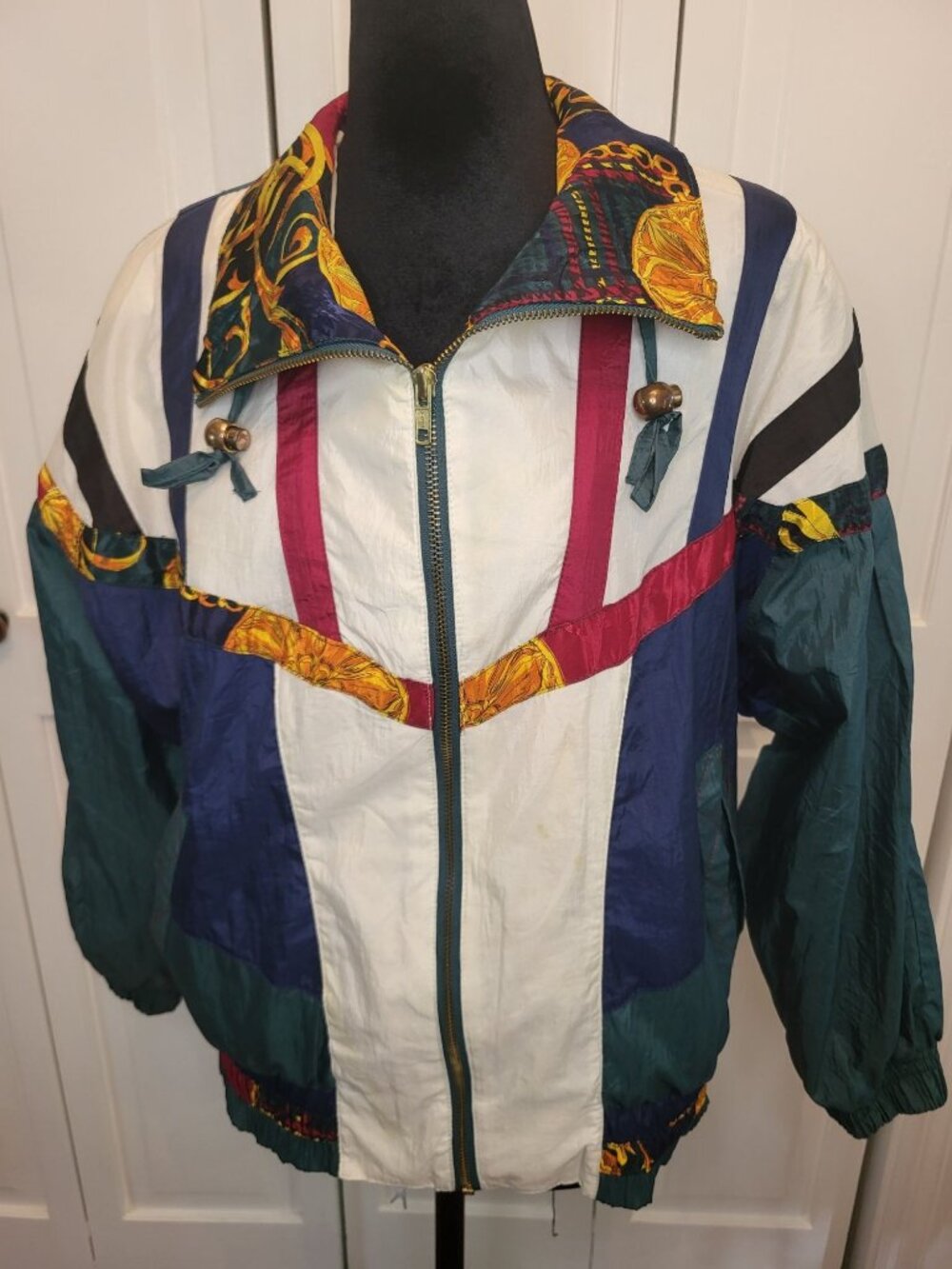 Vintage 90s River Edge PS Hunter Green White Chain Print Nylon Windbreaker Retro
